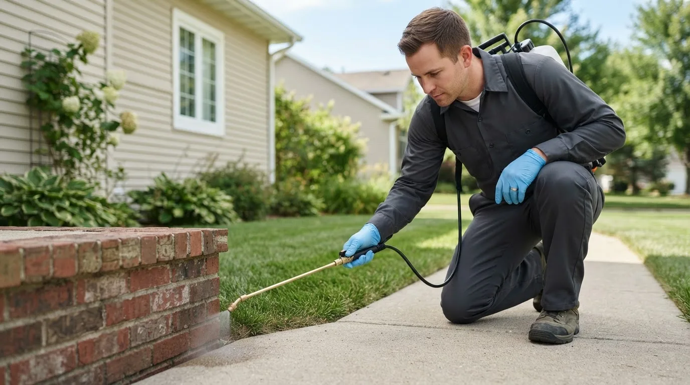 Pest control technician treating a home near Alford, FL