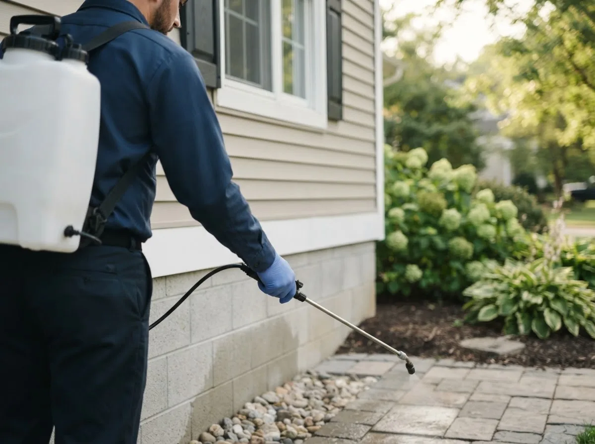 Pest control technician inspecting a home in Alford, FL
